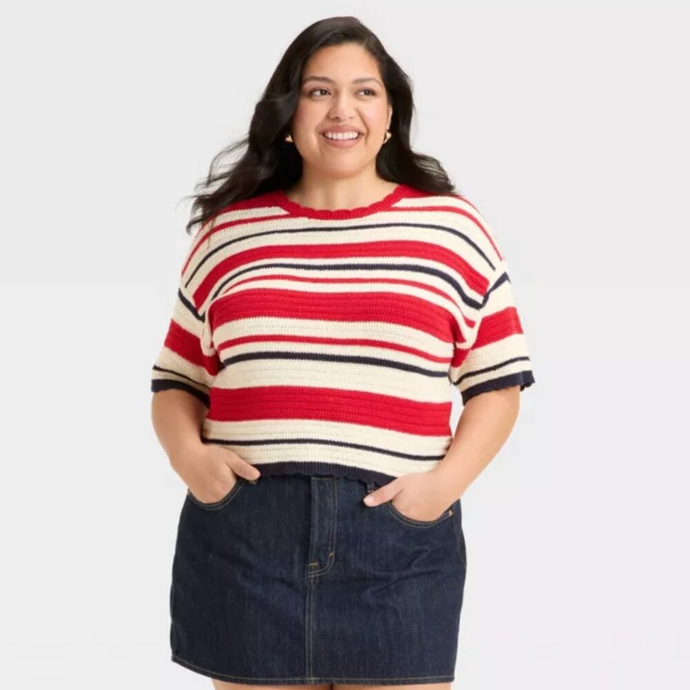 EUC Target Women's Crewneck Knit Pullover Sweater - Universal Thread™ Red/Navy